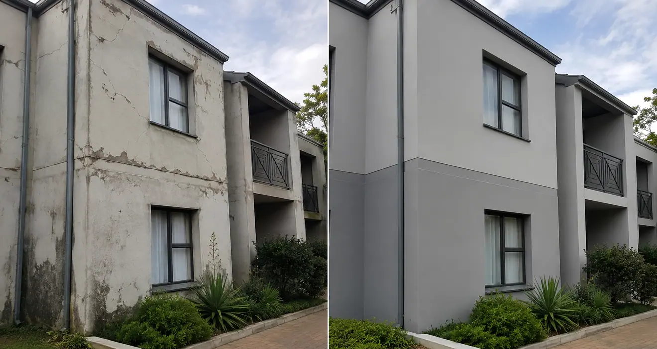 Before and after: exterior damp proofing and restoration on a two-storey sectional title unit, with the stained and cracked walls recoated.