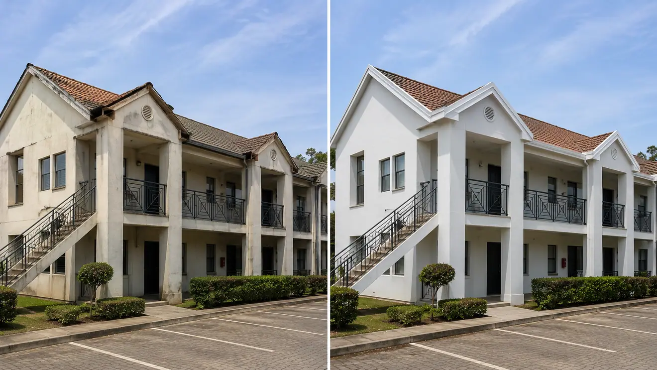 Before and after: a two-storey sectional title block with weather-streaked walls and dark fascia boards, restored and repainted white.