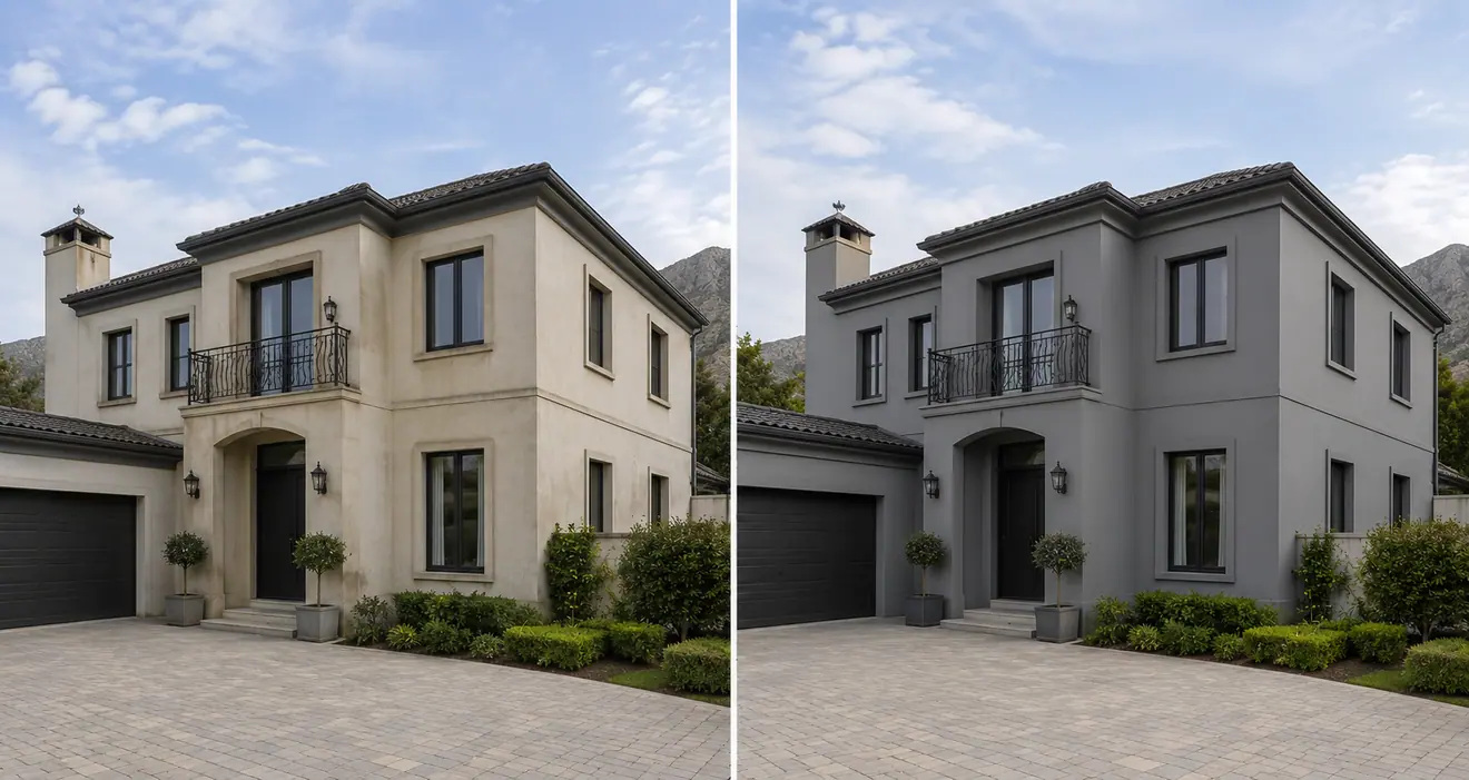Before and after: a double-storey home in weathered cream render, repainted in a protective charcoal-grey coating system.